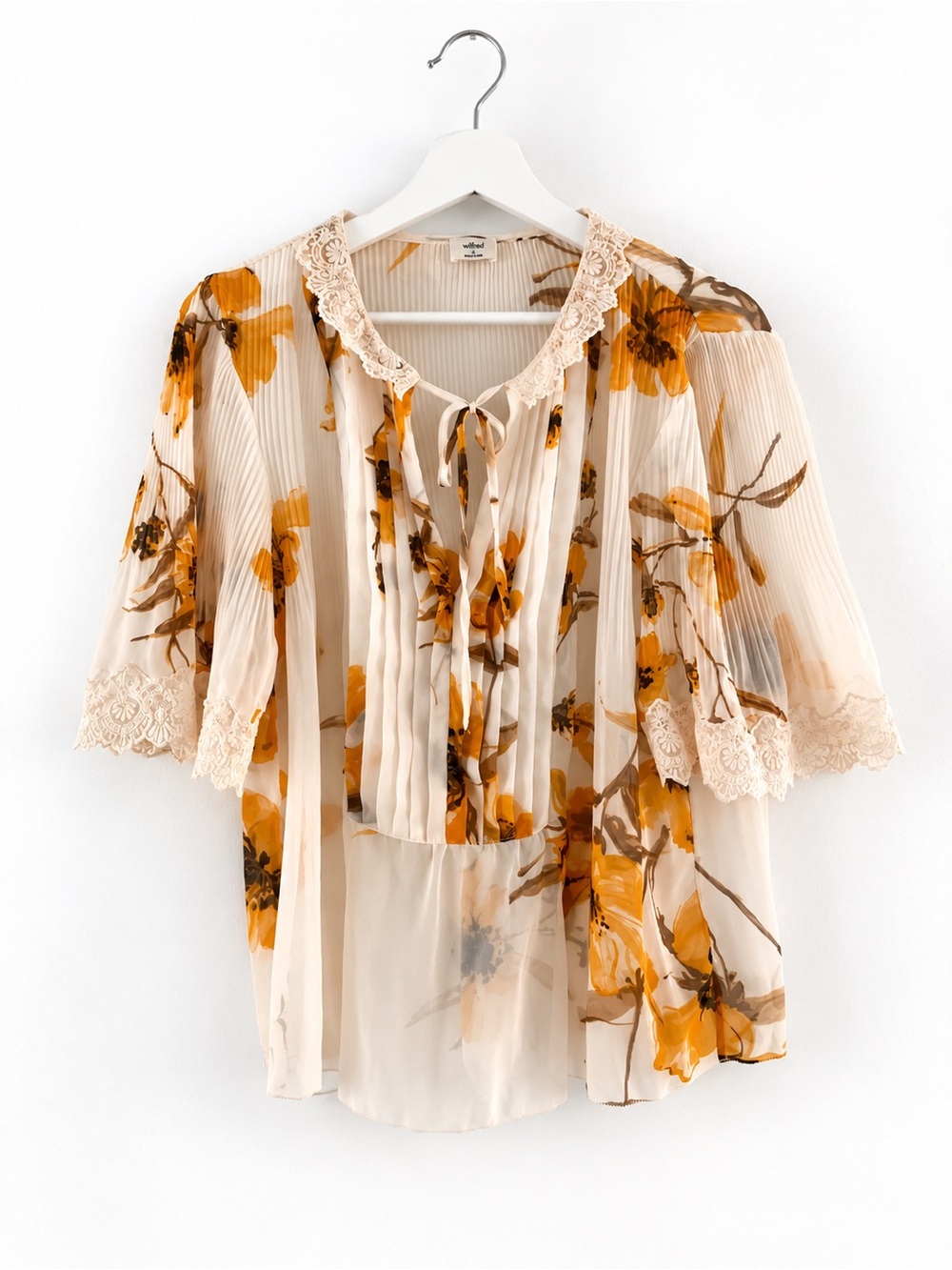 Aritzia Wilfred Matthieu Floral Pleated Blouse Lace Trim Small